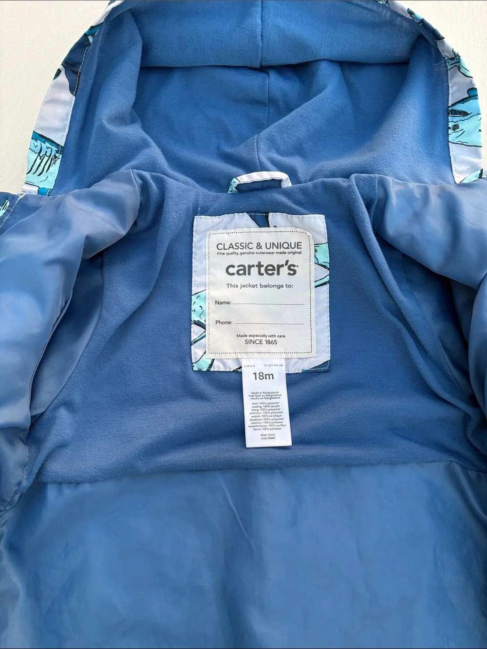 Carter's Boys Little Favorite Hooded Rain Jacket 18M Gray Blue Shark Print
